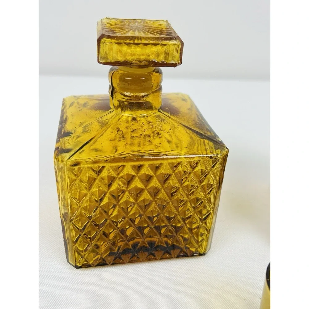 Vintage Amber Square Diamond Point Decanters Glass Stopper Shot Glass MCM Set